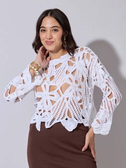 SHOWOFFFF - Edition Womens White Crochet Long Sleeve Top