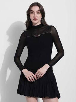 SHOWOFF - Womens Black Long Sleeve Mesh Top with Cut-Out Neck Detail