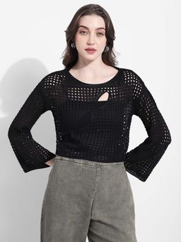 SHOWOFF - Womens Crochet Open-Knit Black Cut-Out Crop Top with Inner