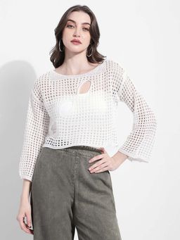 SHOWOFFFF - Womens Crochet Open-Knit White Cut-Out Crop Top with Inner