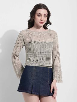 SHOWOFF - Womens Beige Crochet Long Sleeves Top with Inner