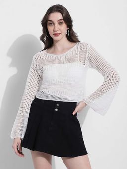 SHOWOFF - Womens White Crochet Long Sleeves Top with Inner
