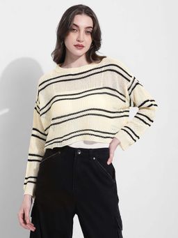 SHOWOFFFF - Womens Striped Knit Off-White Top with Inner