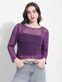 SHOWOFFFF - Womens Purple Open Knit Crochet Top with Inner