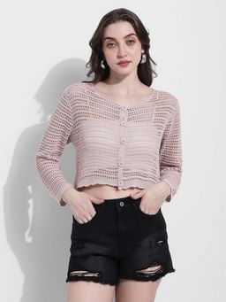 SHOWOFFFF - Womens mauve Crochet Knit Button-Down Top with Inner