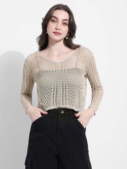 SHOWOFF - Womens Beige Crochet Open-Knit Top with Inner