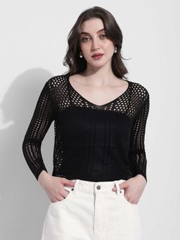 SHOWOFF - Womens Black Crochet Open-Knit Top with Inner