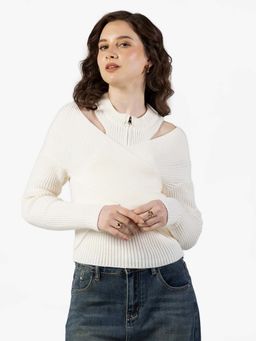 SHOWOFF - Edition Womens Ribbed White Wrap-Style High Neck Top