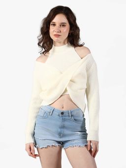 SHOWOFF - Edition Womens Ribbed White Asymmetric Wrap Crop Knit Top