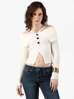 SHOWOFF - Edition Womens Ribbed White Button-Front Off-Shoulder Top