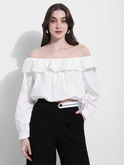 SHOWOFF - Womens White Off-Shoulder Ruffled Crop Top