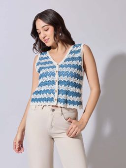 SHOWOFF - Edition Womens Striped Blue and White Crochet Vest Top