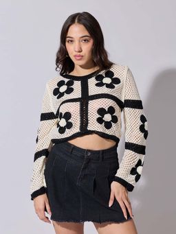 SHOWOFF - Edition Womens Cream Floral Crochet Pattern Crop Top