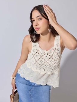 SHOWOFF - Edition Womens Panelled Cream Crochet Sleeveless Top