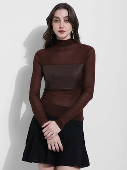 SHOWOFF - Womens Brown Sheer High-Neck Long Sleeve Top