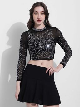 SHOWOFF - Edition Womens Embellished Black Mesh Crop Top