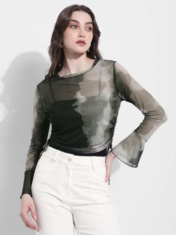 SHOWOFFFF - Womens Olive Tie and Dye Ruched Mesh Crop Top