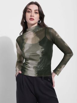 SHOWOFFFF - Womens Sheer Green Tie-Dye High Neck Mesh Top