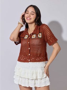 SHOWOFFFF - Edition Womens Crochet Brown Button-Down Short Sleeve Top