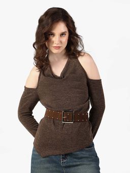 SHOWOFFFF - Edition Womens Brown Cowl Neck Top with Belt