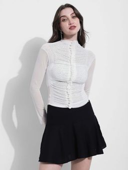 SHOWOFF - Edition Womens Embellished White High Neck Mesh Top