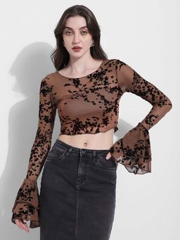 SHOWOFF - Womens Brown Floral Flocked Bell Sleeve Mesh Crop Top