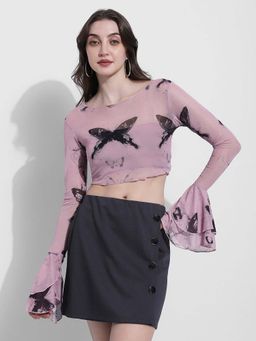 SHOWOFF - Womens Printed Mauve Bell Sleeve Mesh Crop Top