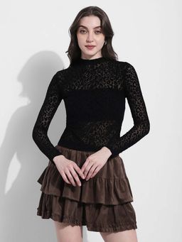 SHOWOFF - Womens Printed Black Sheer High Neck Mesh Top