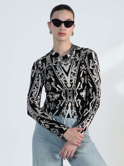 SHOWOFF - Edition Womens Printed Black Mesh Top