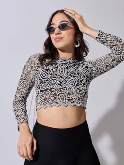 SHOWOFF - Edition Womens Embroidered Cream Mesh Crop Top