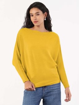 SHOWOFFFF - Womens Yellow Ribbed Knit Relaxed Fit Top