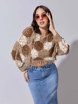 SHOWOFFFF - Edition Womens Brown Crochet Crop Top with Fringe Hem