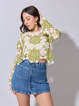 SHOWOFFFF - Edition Womens Crochet Green Long Sleeve Crop Top