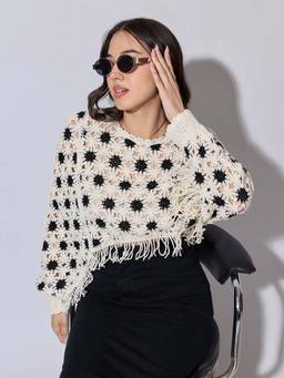 SHOWOFFFF - Edition Womens Cream Crochet Crop Top with Fringe Hem