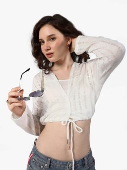 SHOWOFFFF - Edition Womens Textured White Semi-Sheer Hooded Crop Top with Inner