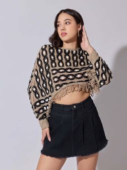 SHOWOFF - Edition Womens Brown Crochet Crop Top with Fringe Hem