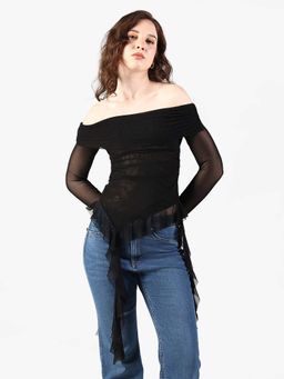 SHOWOFF - Edition Womens Black Off-Shoulder Mesh Top with Flowy Hem