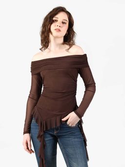 SHOWOFF - Edition Womens Brown Off-Shoulder Mesh Top with Flowy Hem