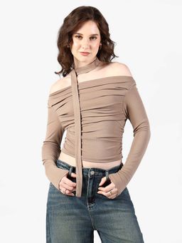SHOWOFF - Edition Womens Pleated Beige Off-Shoulder Top with Tie-Neck