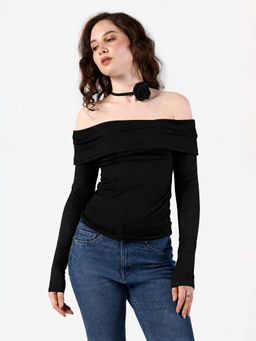 SHOWOFFFF - Edition Womens Black Off-Shoulder Top with Rose Neck Tie