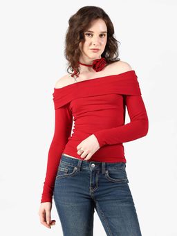 SHOWOFFFF - Edition Womens Red Off-Shoulder Top with Rose Neck Tie