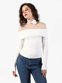 SHOWOFF - Edition Womens White Off-Shoulder Top with Rose Neck Tie