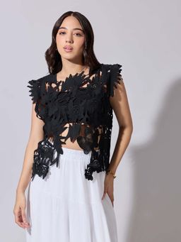 SHOWOFFFF - Edition Womens Black Crochet Cutwork Sleeveless Top
