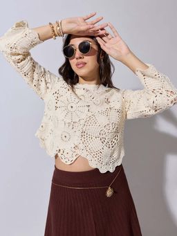 SHOWOFFFF - Edition Womens Cream Crochet Long Sleeve Top