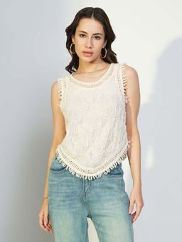 SHOWOFFFF - Womens Cream Crochet Sleeveless Top with Fringe Hem