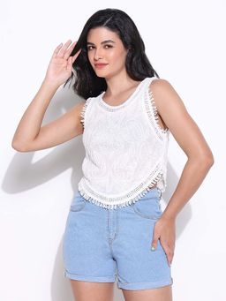 SHOWOFF - Womens White Crochet Sleeveless Top with Fringe Hem