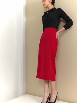 FableStreet - Woven Straight Back Slit Red Midi Skirt