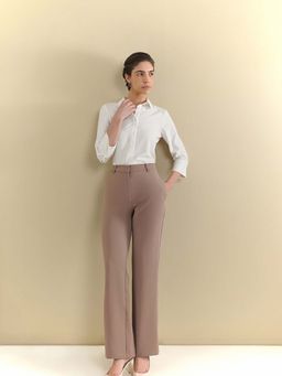 Fable Street - Polyester Straight Fit Full Length Flat Front Brown Trouser