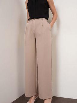 FableStreet - Polyester Wide-Leg Full Sleeve Flat Front Beige Trouser
