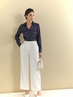 Fable Street - Polyester Wide-Leg Full Sleeve Flat Front White Trouser